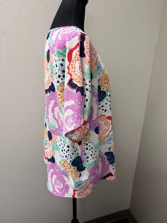 Entro Floral Blouse V Neck Boho Top Pink Blue Cream Large Spring Summer Chic - Picture 6 of 9